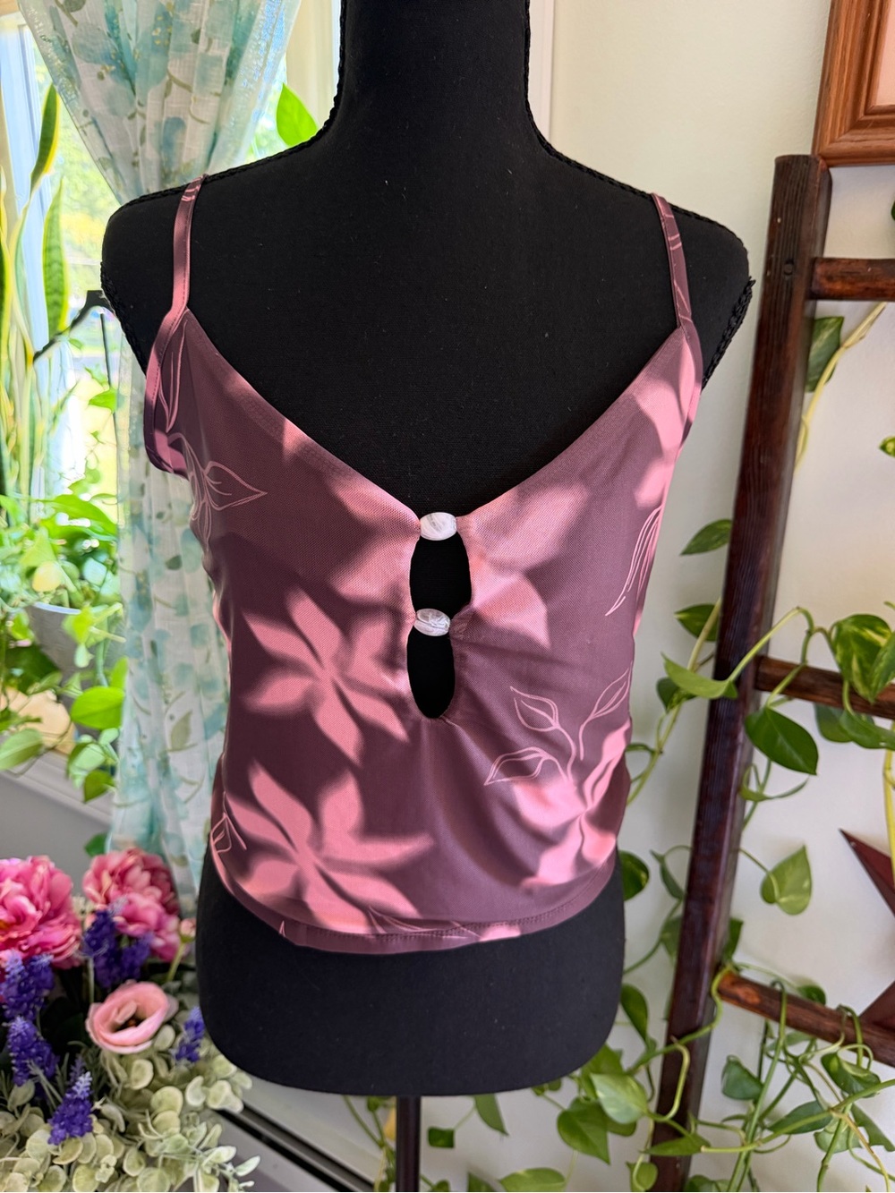 Pink Rose Dusty Mauve Satin Floral Keyhole Camisole
